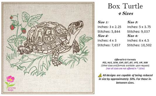 Turtle Machine Embroidery Design, Tortoise Sketch Embroidery Design, Redwork Line Art Animal Pattern, 4 Sizes (0444)