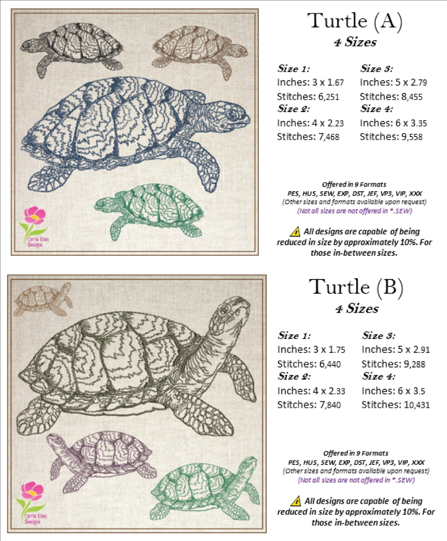 Sea Turtle Sketch Machine Embroidery Design Bundle – Redwork Line Art Sea Life, 2 Designs, 4 Sizes Each (0502)