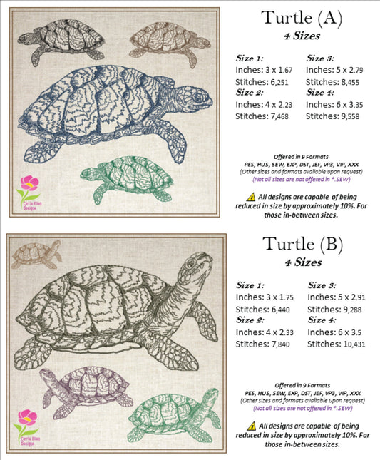 Sea Turtle Sketch Machine Embroidery Design Bundle – Redwork Line Art Sea Life, 2 Designs, 4 Sizes Each (0502)