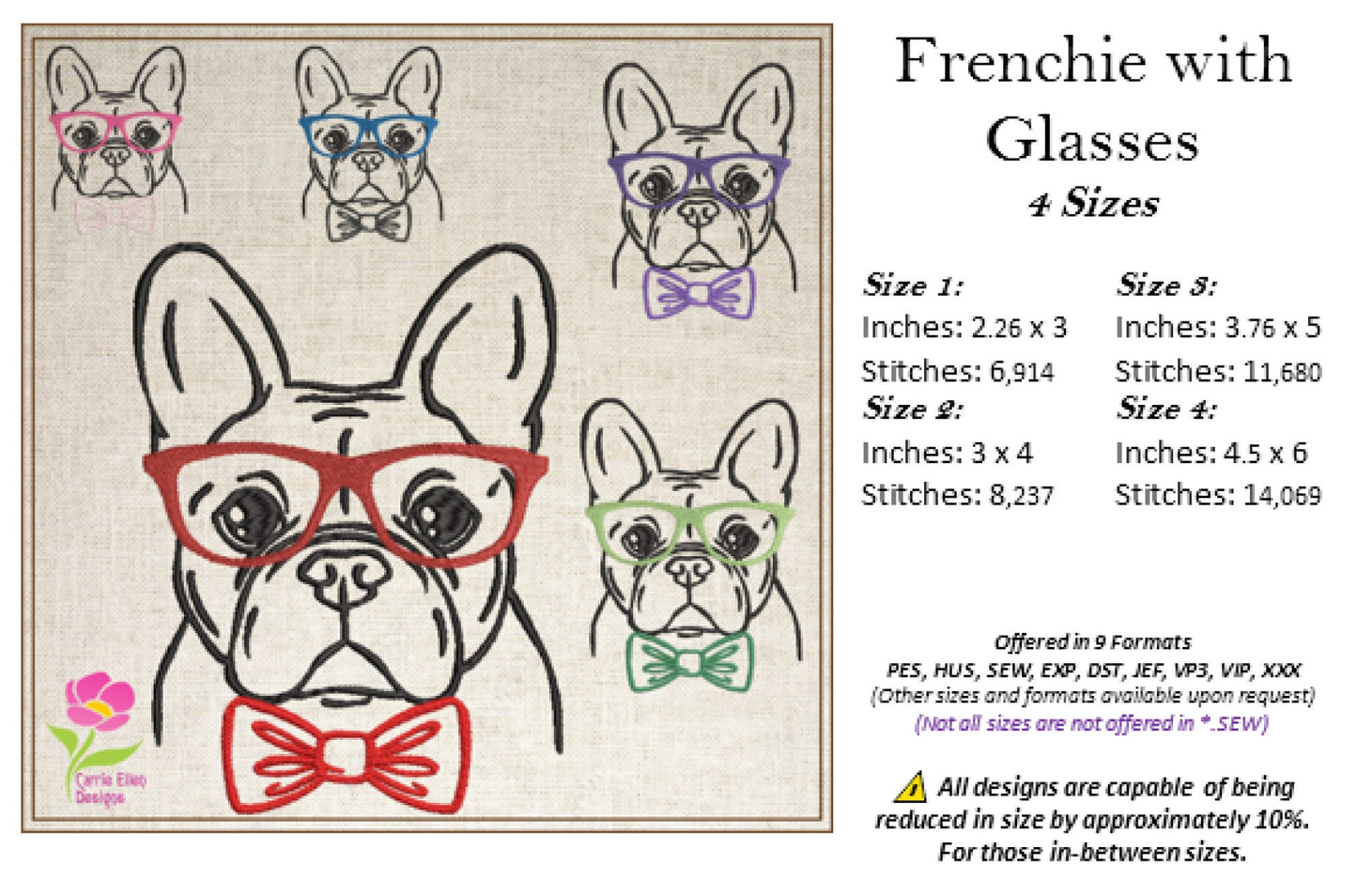French Bulldog Machine Embroidery Design – Frenchie Dog with Glasses and Bow Tie, Stylish Pet Embroidery Pattern, 4 Sizes (0507)