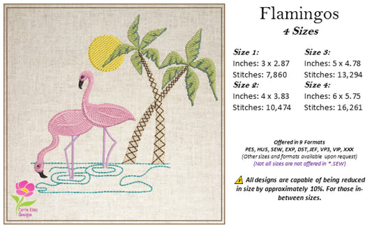 Wading Flamingos Machine Embroidery Design – Tropical Birds with Palm Tree, Summer Island Animal Embroidery, 4 Sizes (0461)