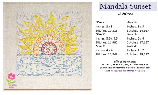 Sunset Machine Embroidery Design, Mandala Line Art Embroidery, Sunrise Design, 6 Sizes (0420)