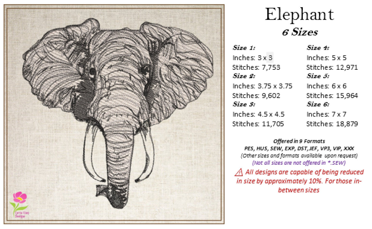 Elephant Head Machine Embroidery Sketch Design – Safari Animal Line Art Pattern, Large Land Animal, 6 Size (0521)