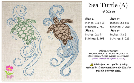 Sea Turtle Machine Embroidery Design – Ocean Tortoise Set, Animal Marine Embroidery, 2 Trending Designs, 4 Sizes Each (0475)