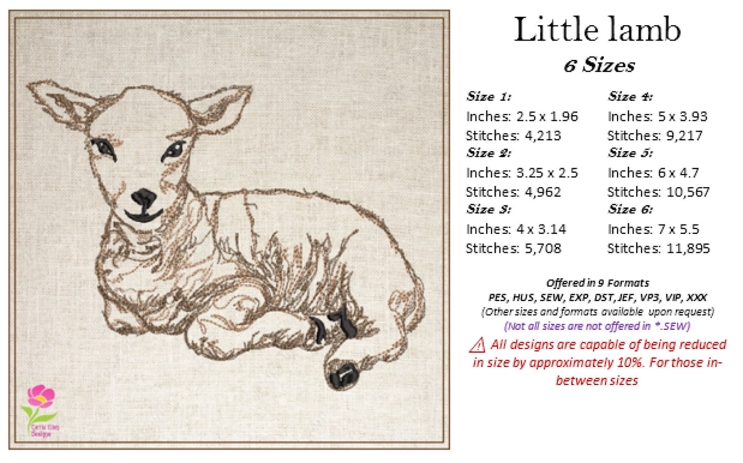 Little Lamb Machine Embroidery Sketch Design – Baby Farm Animal Line Art Embroidery Pattern, 6 Sizes (0529)