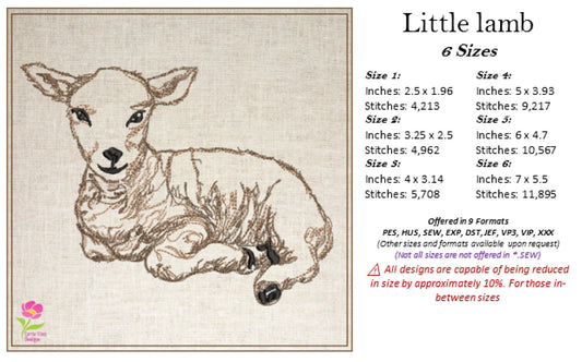 Little Lamb Machine Embroidery Sketch Design – Baby Farm Animal Line Art Embroidery Pattern, 6 Sizes (0529)
