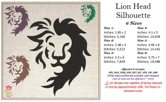Lion Head Silhouette Machine Embroidery Design – Bold Animal Logo, Large Cat Embroidery Pattern, 6 Sizes (0532)
