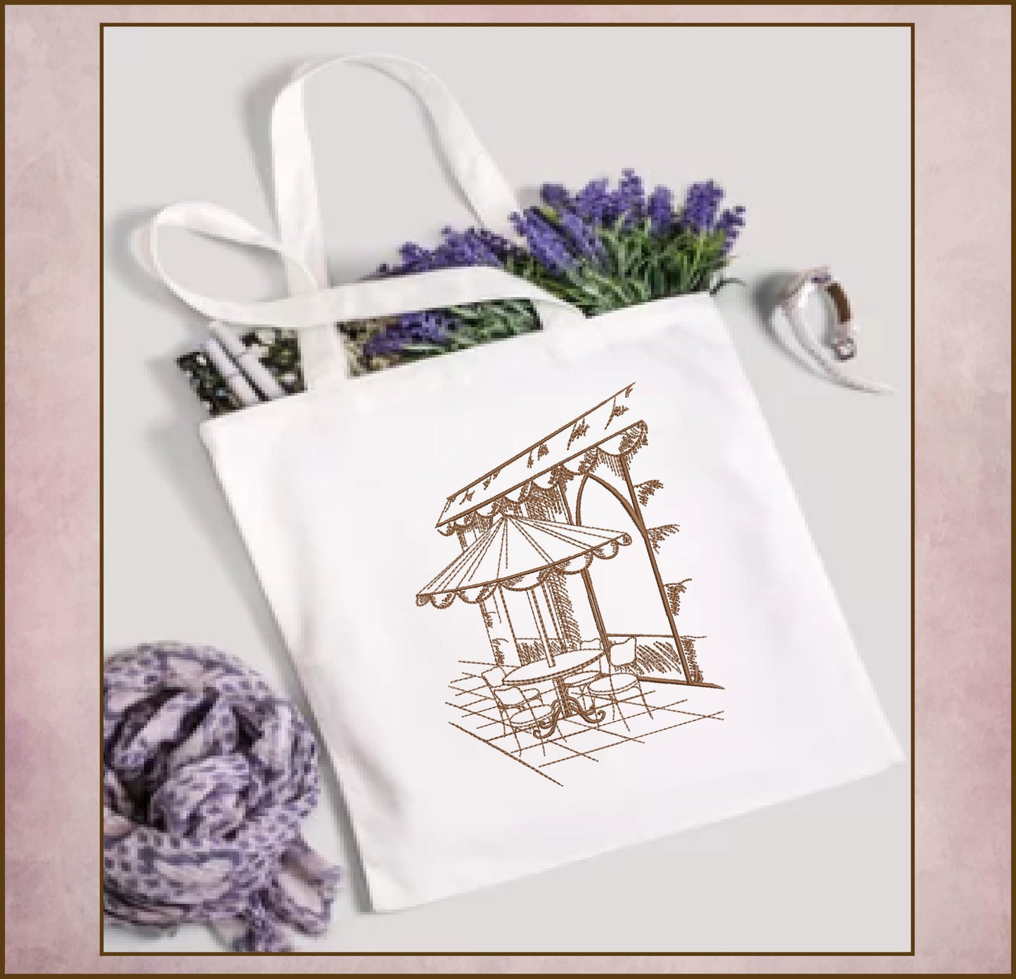 Street Café Scene Machine Embroidery Design – French Bistro Line Art City Restaurant Pattern, 6 Sizes (0549)