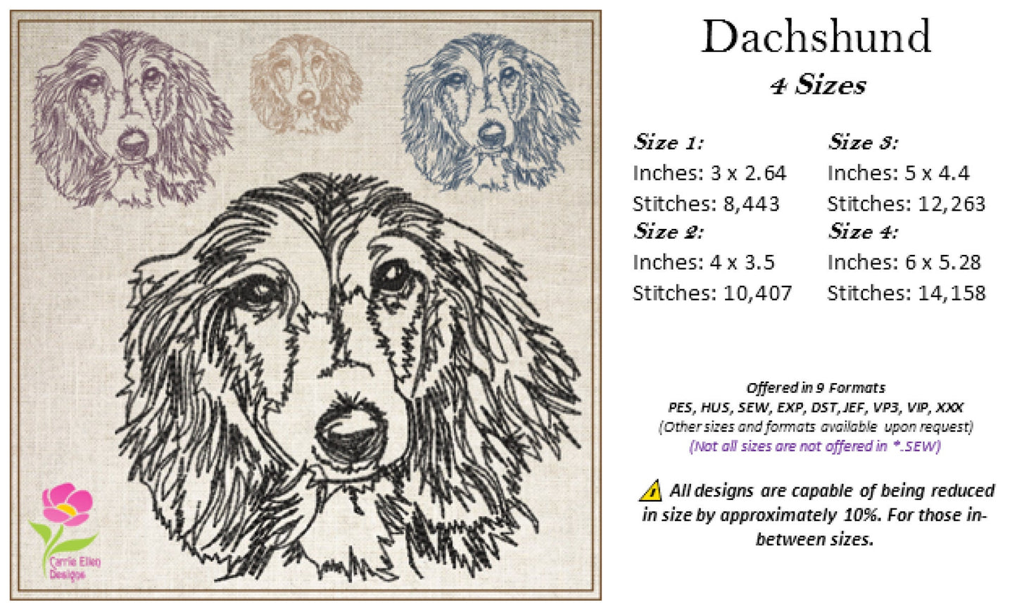 Dachshund Sketch Machine Embroidery Design – Long-Haired Dog Lover Line Art Pattern, 4 Sizes (0496)