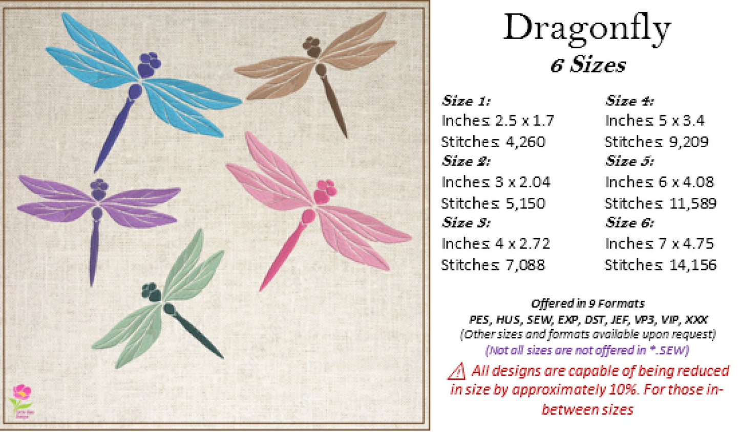 Dragonfly Machine Embroidery Design – Garden Insect & Bee Embroidery Pattern, 6 Sizes (0553)