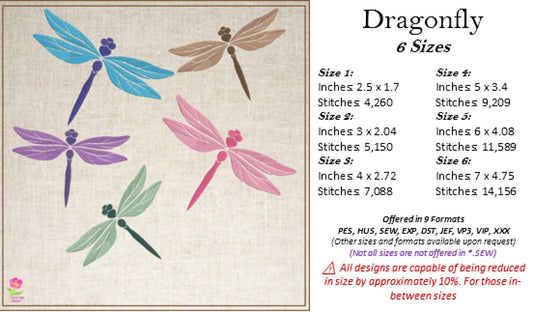 Dragonfly Machine Embroidery Design – Garden Insect & Bee Embroidery Pattern, 6 Sizes (0553)