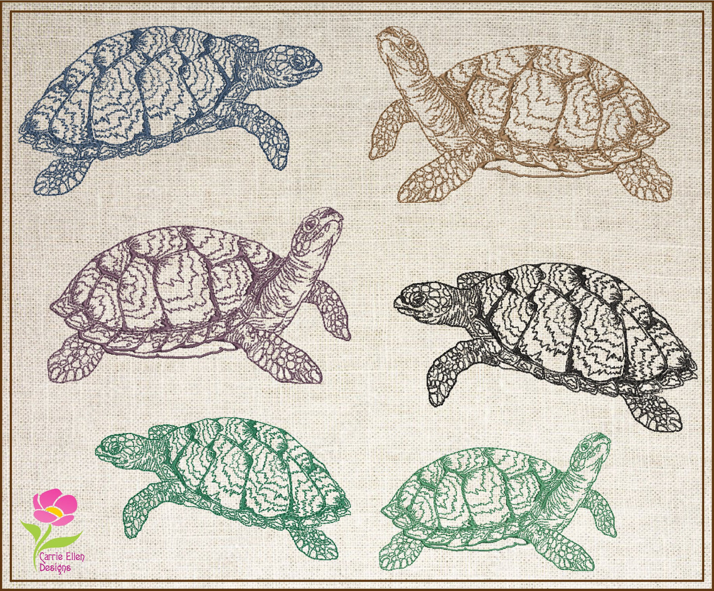 Sea Turtle Sketch Machine Embroidery Design Bundle – Redwork Line Art Sea Life, 2 Designs, 4 Sizes Each (0502)