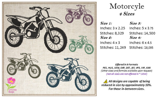 Motorcycle Machine Embroidery Design – Dirt Bike Embroidery Pattern, Motorbike Rider Machine Embroidery, 4 Sizes (0508)
