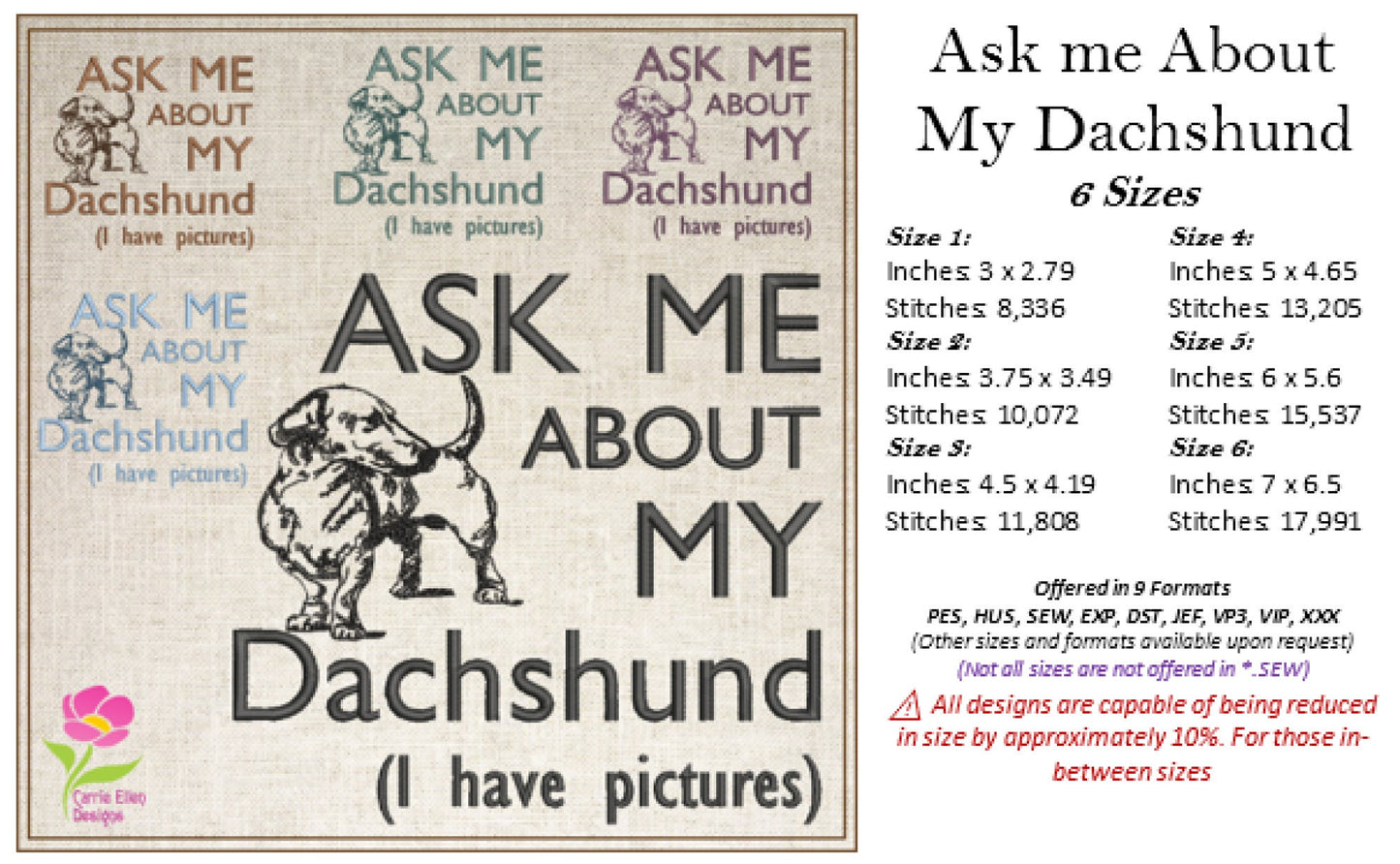 Dachshund Machine Embroidery Design – Ask Me About My Dachshund Quote, Funny Dog Saying Pattern, 6 Sizes (0586)