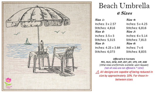 Beach Chair and Umbrella Machine Embroidery Sketch Design – Summer Vacation with Drinks at the Beach Landscape, 6 Sizes (0531)