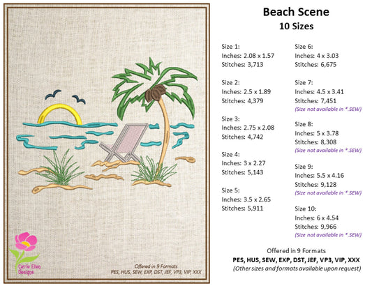 Beach Scene Machine Embroidery Design – Summer Chair & Tropical Sunset Pattern, 10 Sizes (0534)