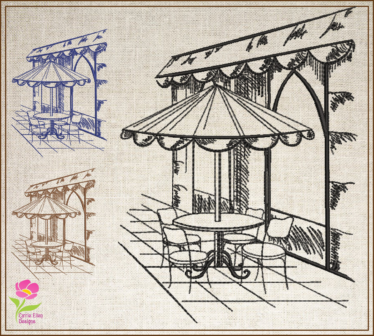 Street Café Scene Machine Embroidery Design – French Bistro Line Art City Restaurant Pattern, 6 Sizes (0549)
