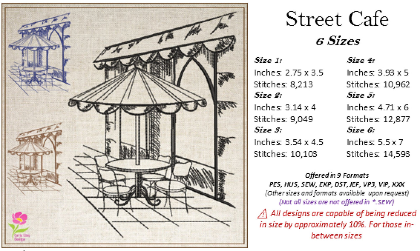 Street Café Scene Machine Embroidery Design – French Bistro Line Art City Restaurant Pattern, 6 Sizes (0549)