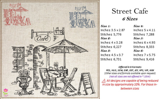 Street Café Scene Machine Embroidery Design – French Bistro Line Art City Restaurant Pattern, 6 Sizes (0550)