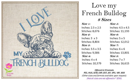 I Love My French Bulldog Sketch Machine Embroidery Design, Dog Embroidery Pattern, Frenchie Embroidery, Pet Animal Embroidery, 8 Sizes (0332)