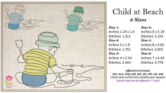 Child Playing in the Sand Machine Embroidery Design – Beach Line Art – Shovel and Pail Embroidery Pattern, 6 Sizes (0665)