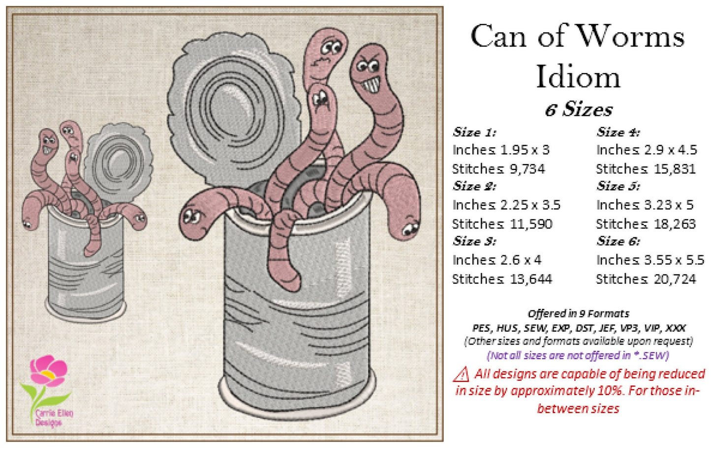 Can of Worms Idiom Machine Embroidery Design – Funny Tin Can and Worms Quote Pattern, 6 Sizes (0588)