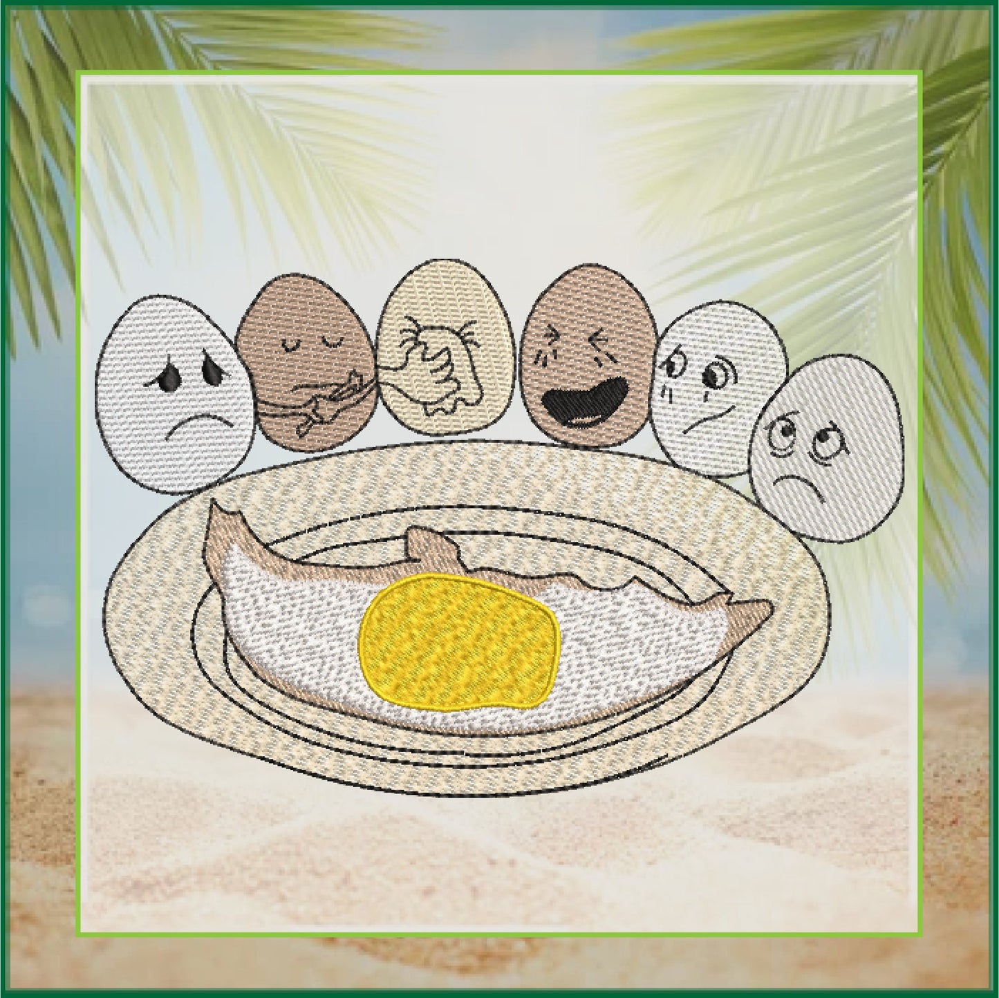 Fry-Day Machine Embroidery Design – Funny Fried Egg Funeral Scene, Breakfast Humor Pattern, 6 Sizes (0612)