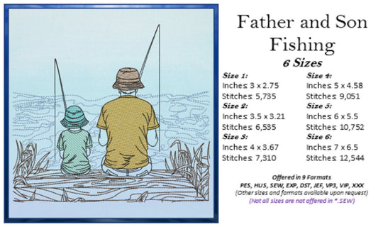 Father and Son Fishing Machine Embroidery Design, Father’s Day Design, Dad and Son Fishing on the Dock Sketch Design, 6 Sizes (0680)