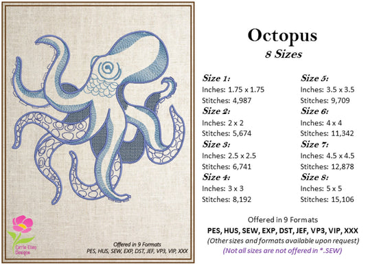 Octopus Machine Embroidery Design File, Marine Animal Embroidery Designs. Coastal Beach Animals, Embroidered Sea Life, 8 Sizes (0284)