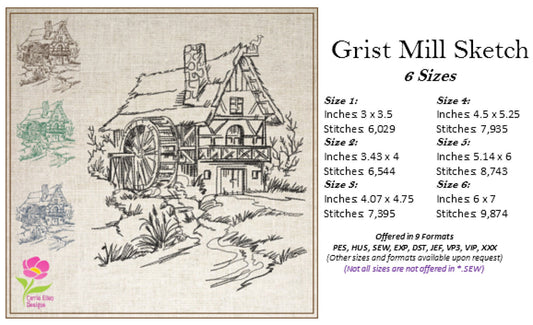 Water Wheel Mill Sketch Machine Embroidery Design | Grist Mill Landscape Line Art | 6 Sizes (0692)