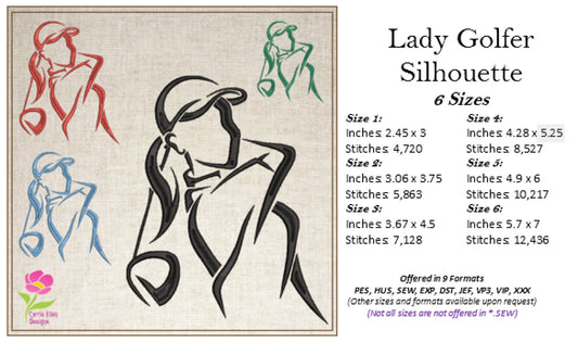Lady Golfer Silhouette Machine Embroidery Design | Women’s Golf Sport Design | Golfing Embroidery Pattern | 6 Sizes (0702)