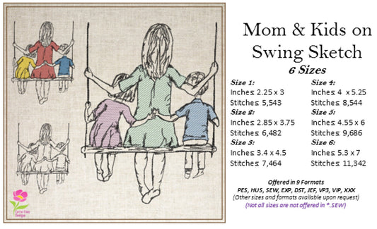 Mother and Kids Machine Embroidery Design | Mother's Day Swing Sketch | 6 Sizes (0709)