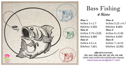 Bass Fishing Machine Embroidery Design | Wide Mouth Bass Sketch | Fishing Embroidery | 6 Sizes (0711)