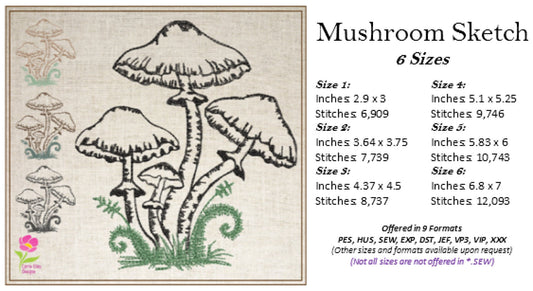 Mushroom Embroidery Design – Wild Mushroom Sketch – Garden Line Art Machine Embroidery File, 6 Sizes (0672)