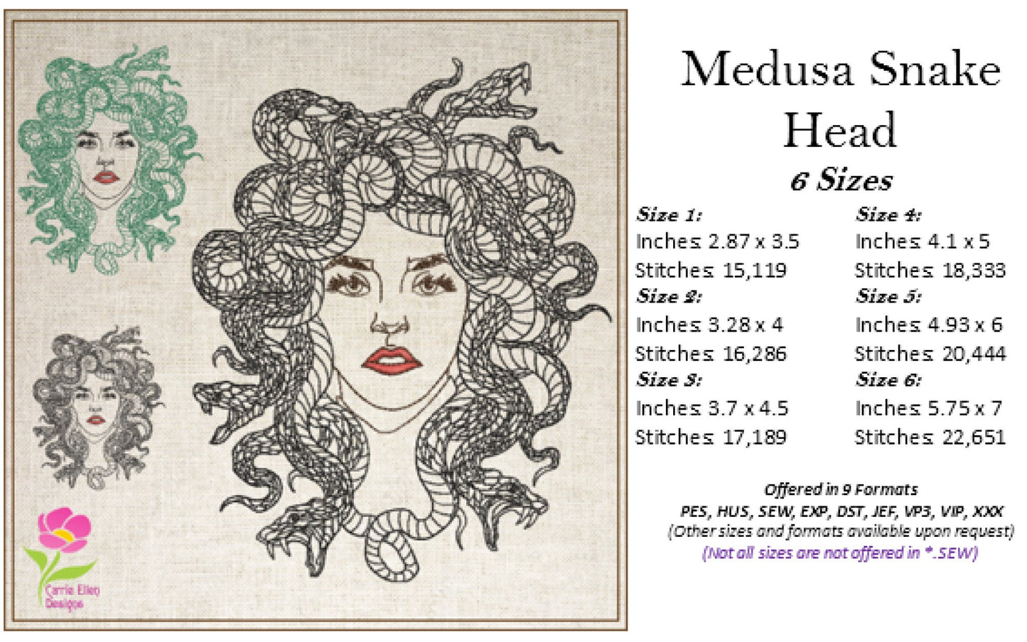 Medusa Snake Head Embroidery Design – Greek Mythology Line Art – Fantasy Serpent Lady Machine Embroidery File, 6 Sizes (0679)