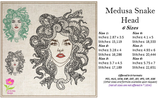 Medusa Snake Head Embroidery Design – Greek Mythology Line Art – Fantasy Serpent Lady Machine Embroidery File, 6 Sizes (0679)