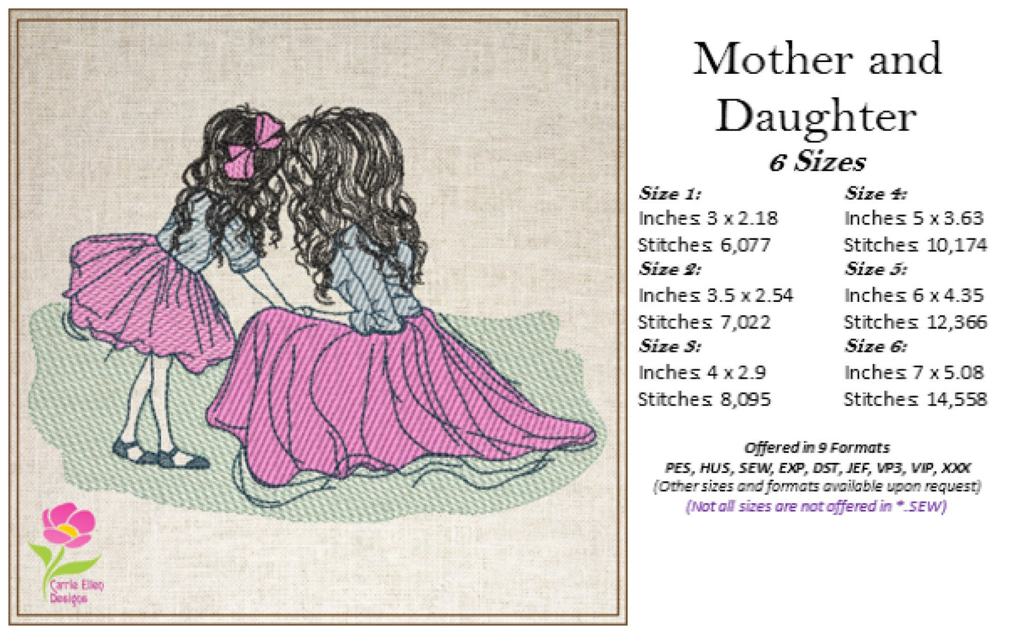 Mother and Daughter Machine Embroidery Design | Mother’s Day Design | Woman and Little Girl in Pink and Blue | 6 Sizes (0681)