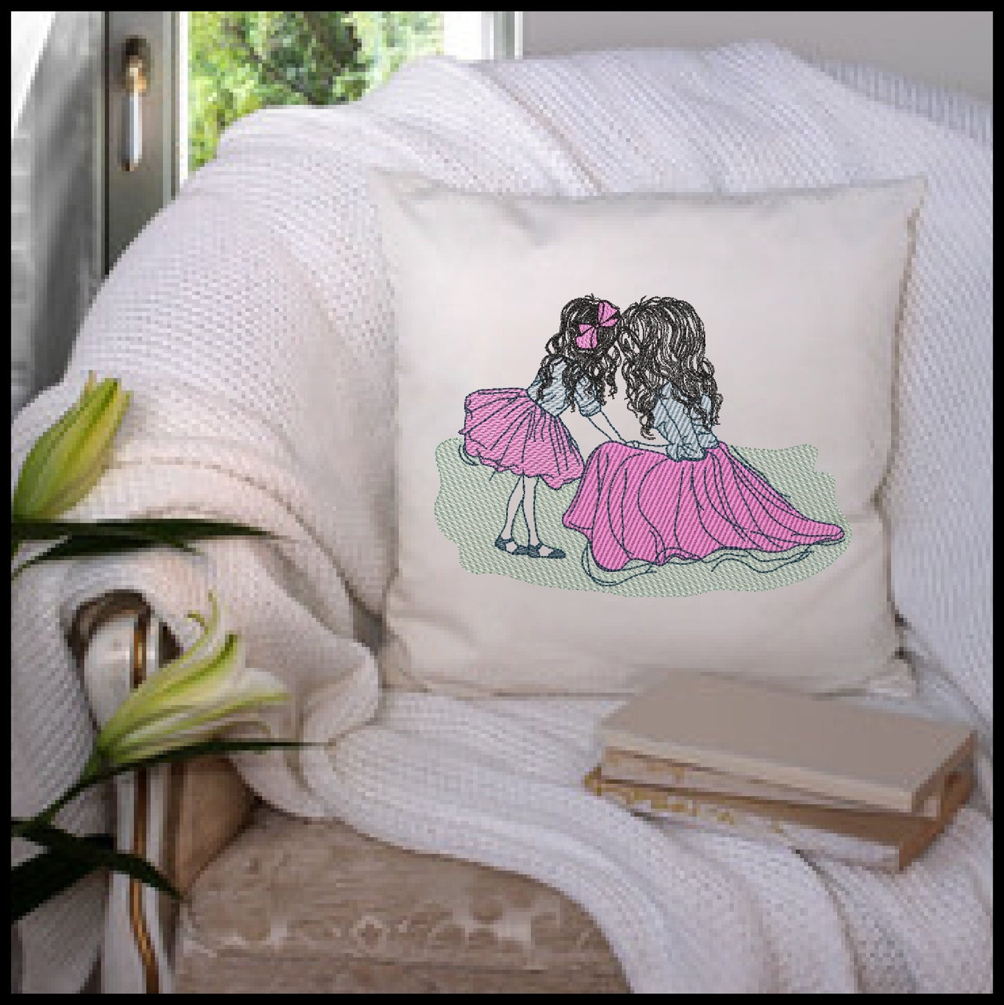 Mother and Daughter Machine Embroidery Design | Mother’s Day Design | Woman and Little Girl in Pink and Blue | 6 Sizes (0681)