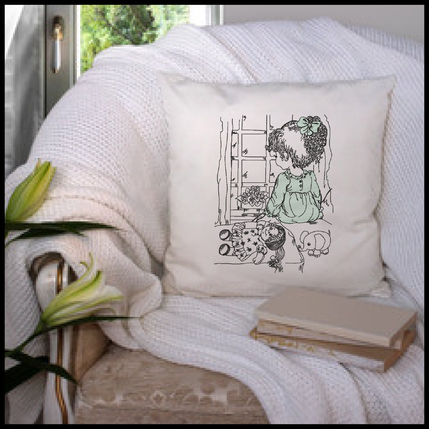 Little Girl Waiting Machine Embroidery Design | Girl Sitting in Window Sketch | Child with Doll Embroidery | 6 Sizes (0729)