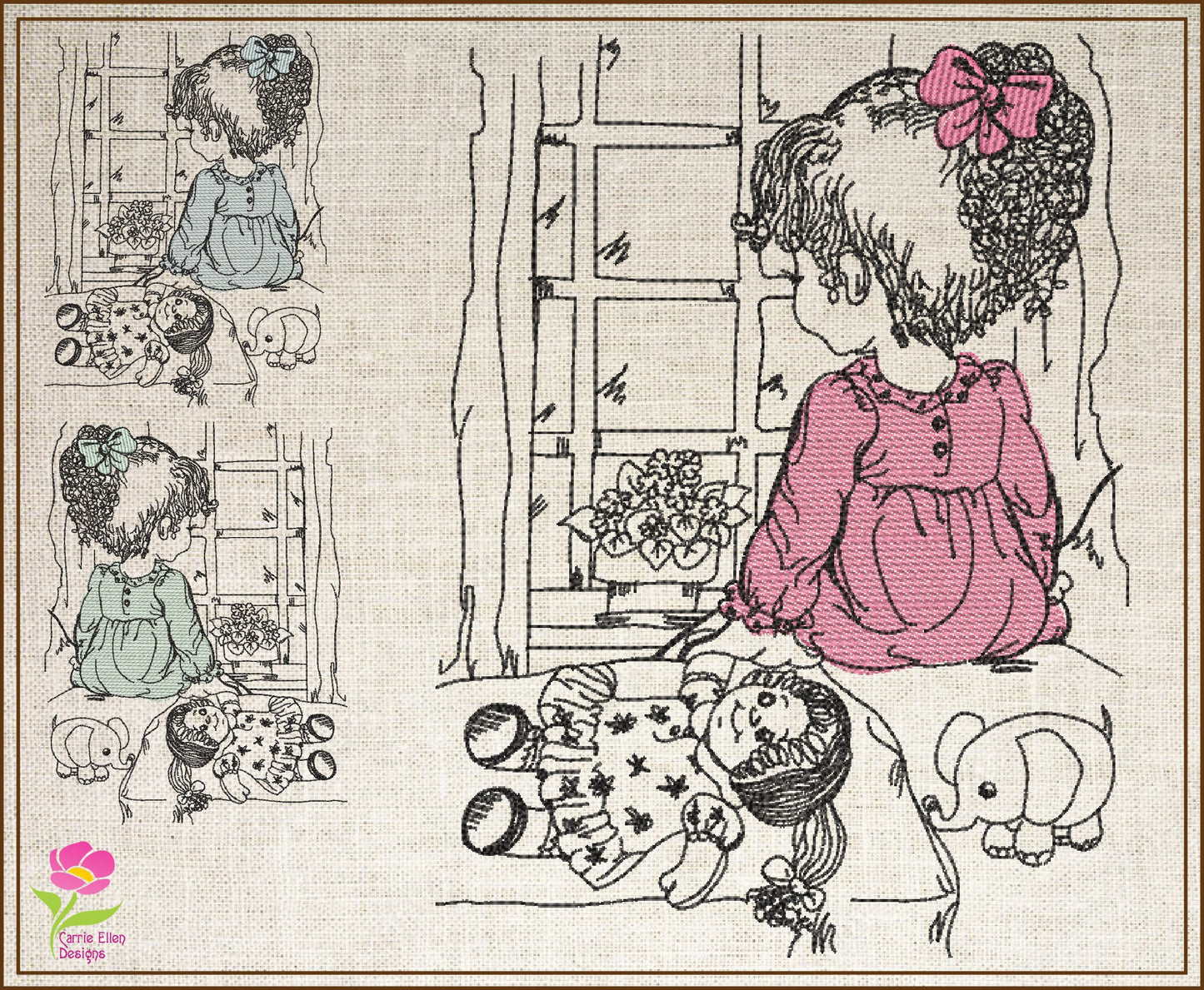 Little Girl Waiting Machine Embroidery Design | Girl Sitting in Window Sketch | Child with Doll Embroidery | 6 Sizes (0729)