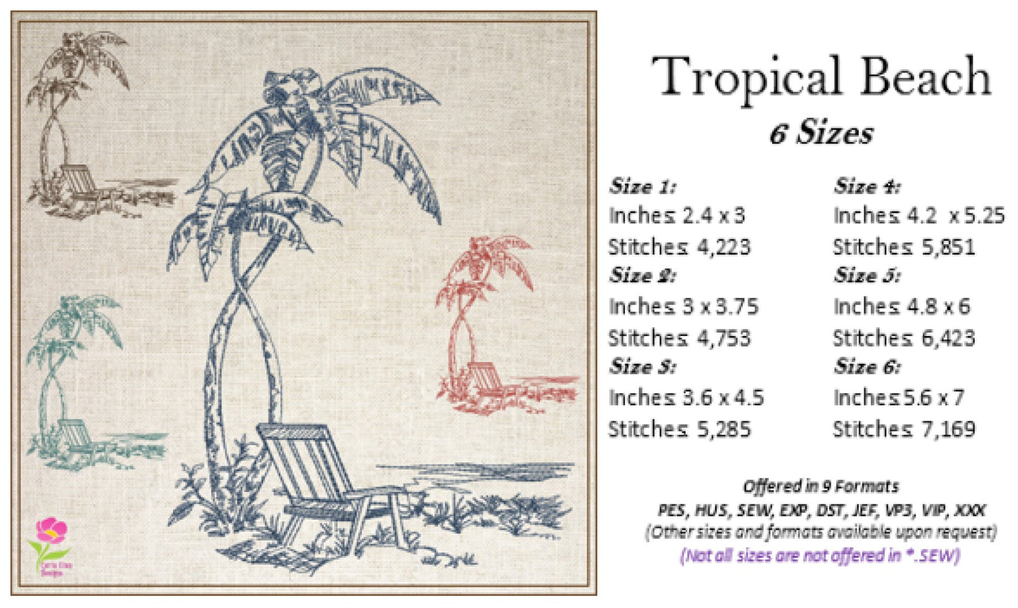 Tropical Beach Scene Machine Embroidery Sketch Design | Summer Embroidery | Beach Chair Pattern | 6 Sizes (0733)