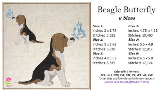 Beagle Profile Machine Embroidery Design | Pet Dog with Butterfly | Animal Embroidery Design | 6 Sizes (0742)
