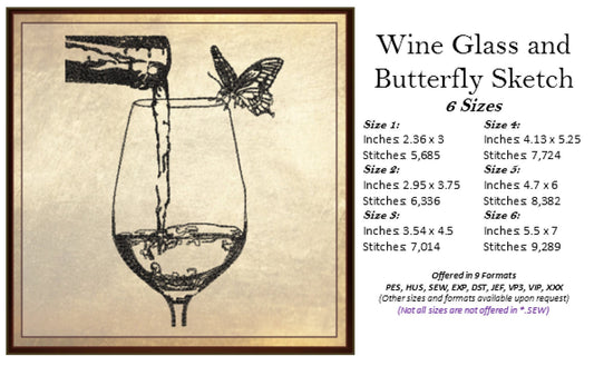 Wine Glass and Butterfly Sketch Machine Embroidery Design | Line Art Wine Bottle Pour | 6 Sizes (0698)