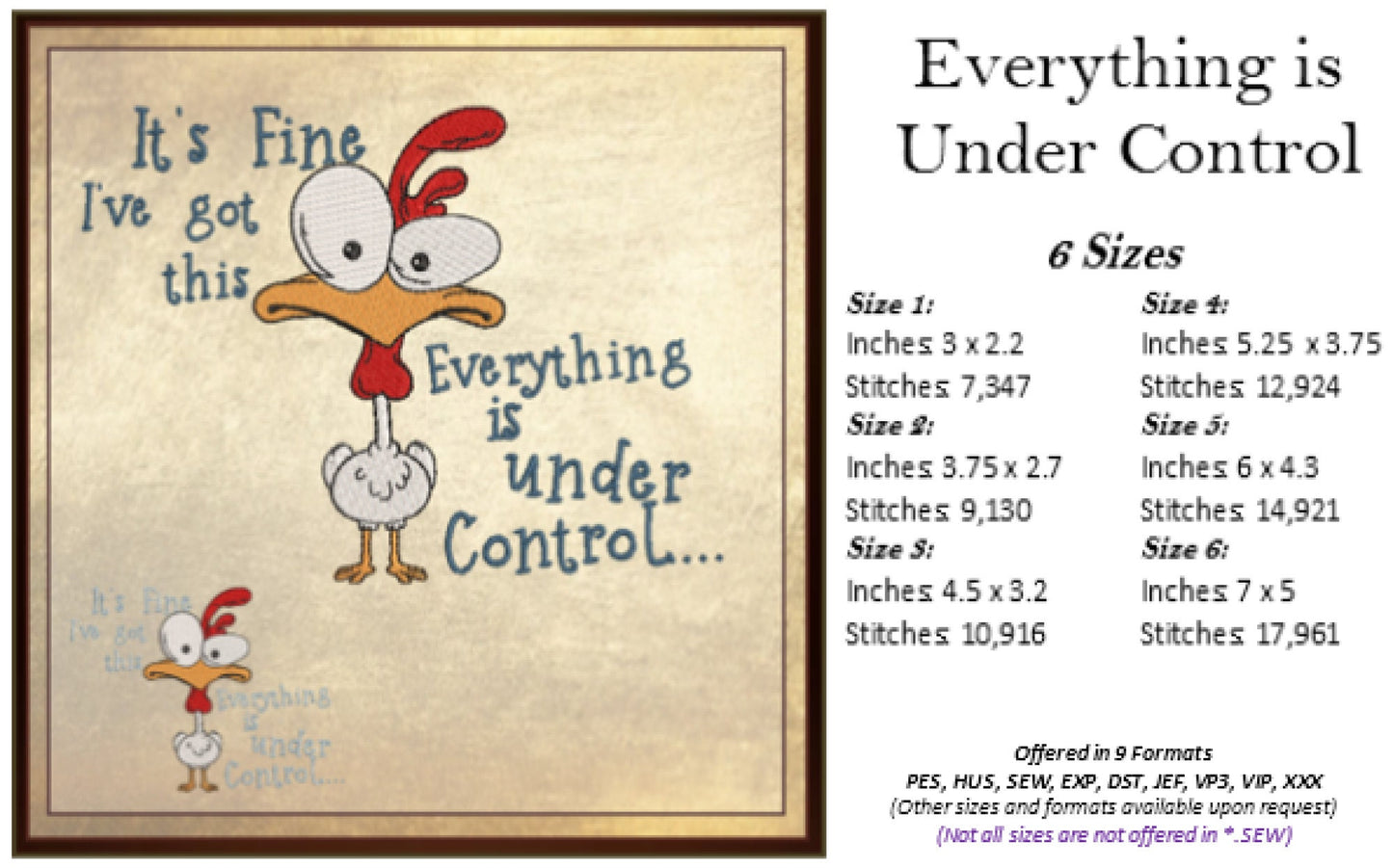 Everything is Under Control Machine Embroidery Design | Neurotic Chicken Funny Saying | Humorous Quotes Embroidery | 6 Sizes (0746)