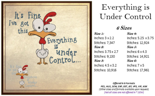 Everything is Under Control Machine Embroidery Design | Neurotic Chicken Funny Saying | Humorous Quotes Embroidery | 6 Sizes (0746)