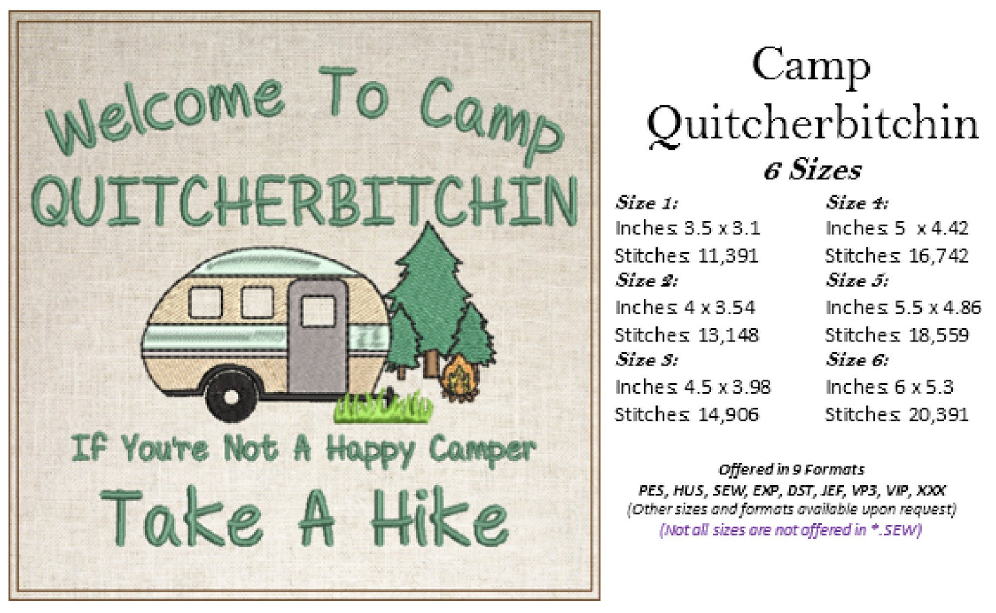 Camp Quitcherbitchin Machine Embroidery Design | Funny Camping Saying | Humorous Quote Embroidery Design | 6 Sizes (0701)