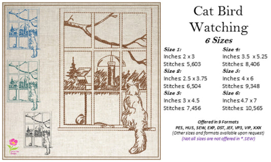 Cat Bird Watching Machine Embroidery Design | Cat Sitting in Window Sketch | Artistic Cat Embroidery Design | 6 Sizes (0730)