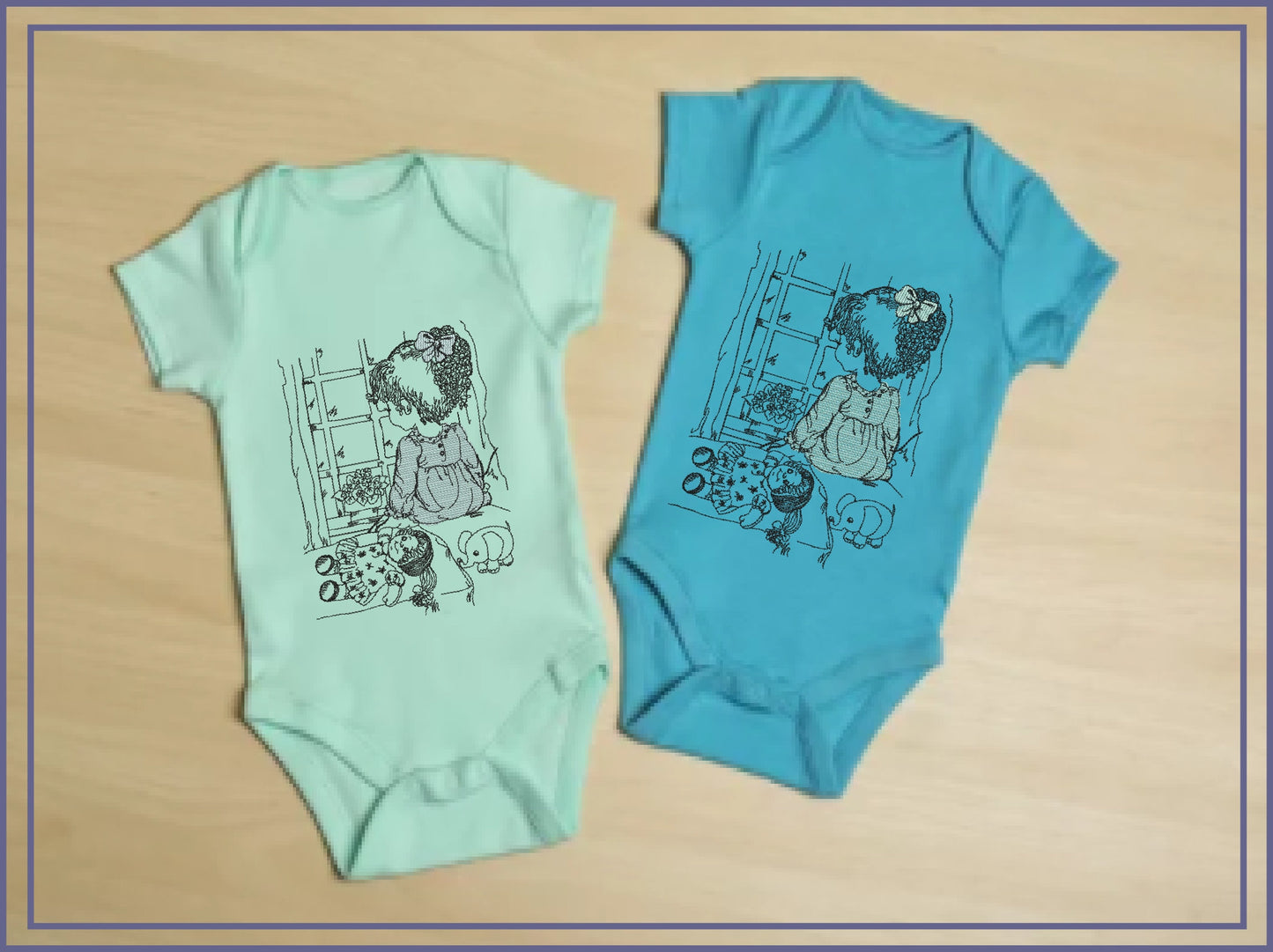 Little Girl Waiting Machine Embroidery Design | Girl Sitting in Window Sketch | Child with Doll Embroidery | 6 Sizes (0729)