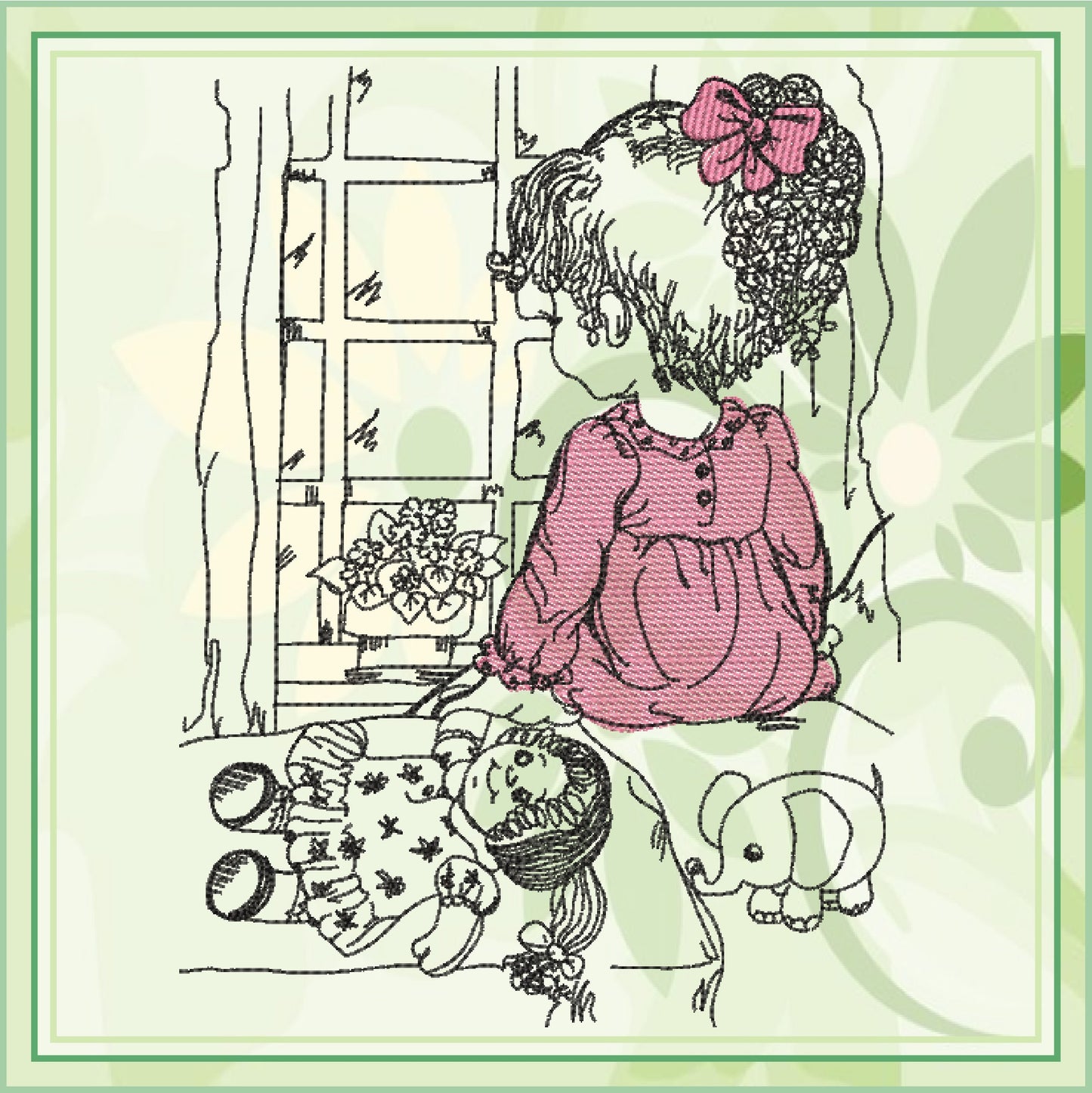 Little Girl Waiting Machine Embroidery Design | Girl Sitting in Window Sketch | Child with Doll Embroidery | 6 Sizes (0729)