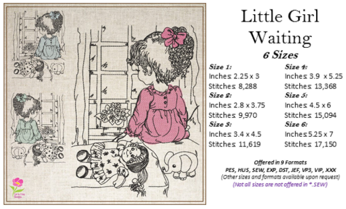 Little Girl Waiting Machine Embroidery Design | Girl Sitting in Window Sketch | Child with Doll Embroidery | 6 Sizes (0729)